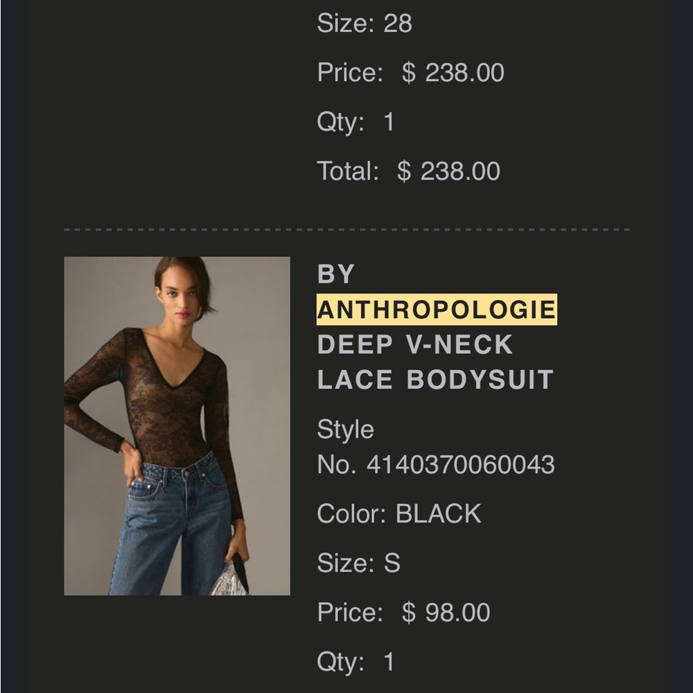Anthropologie Black Lace Deep V-Neck Bodysuit